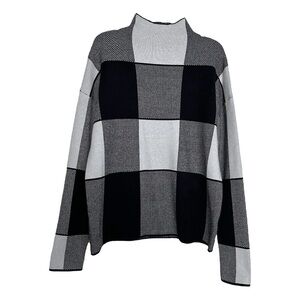 Tahari Buffalo Plaid Mock Neck Sweater Black & White Preppy Classic Medium